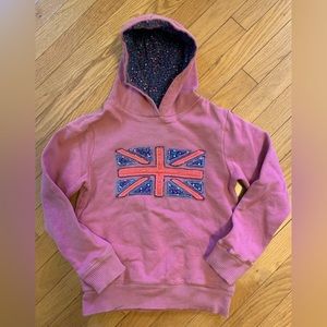 Mini Boden Union Jack hoodie, pockets, label says 11-12 but runs small